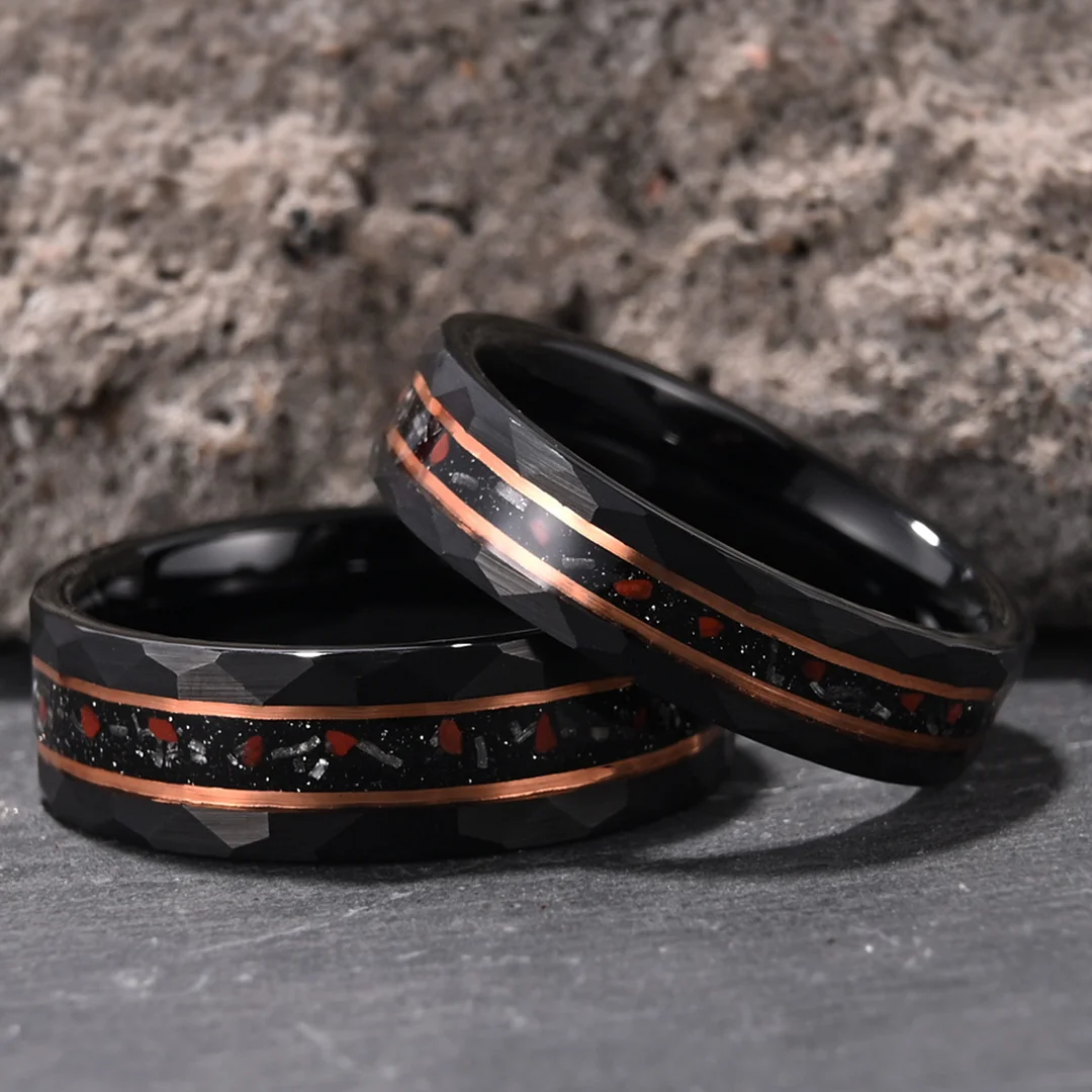 6MM 8MM Dinosaur Fossil Inlay Tungsten Carbide Rings Electroplated Black Tungsten Wedding Bands