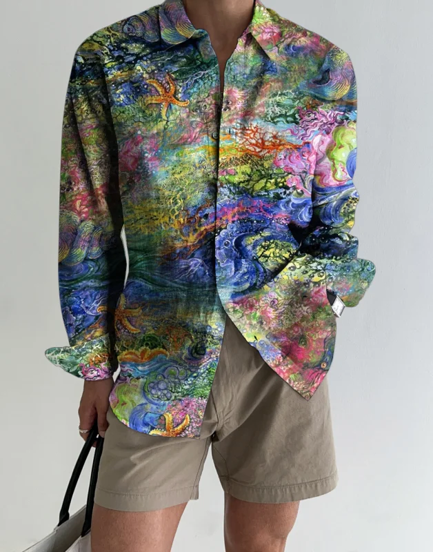 Printed men's casual long sleeved shirt top