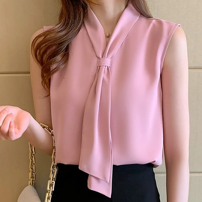 Blouses Summer Sleeveless Tops Women Blouse Women Blusas Mujer De Moda 2021 Verano Bow V-Neck Pink Chiffon Blouse Shirt E774