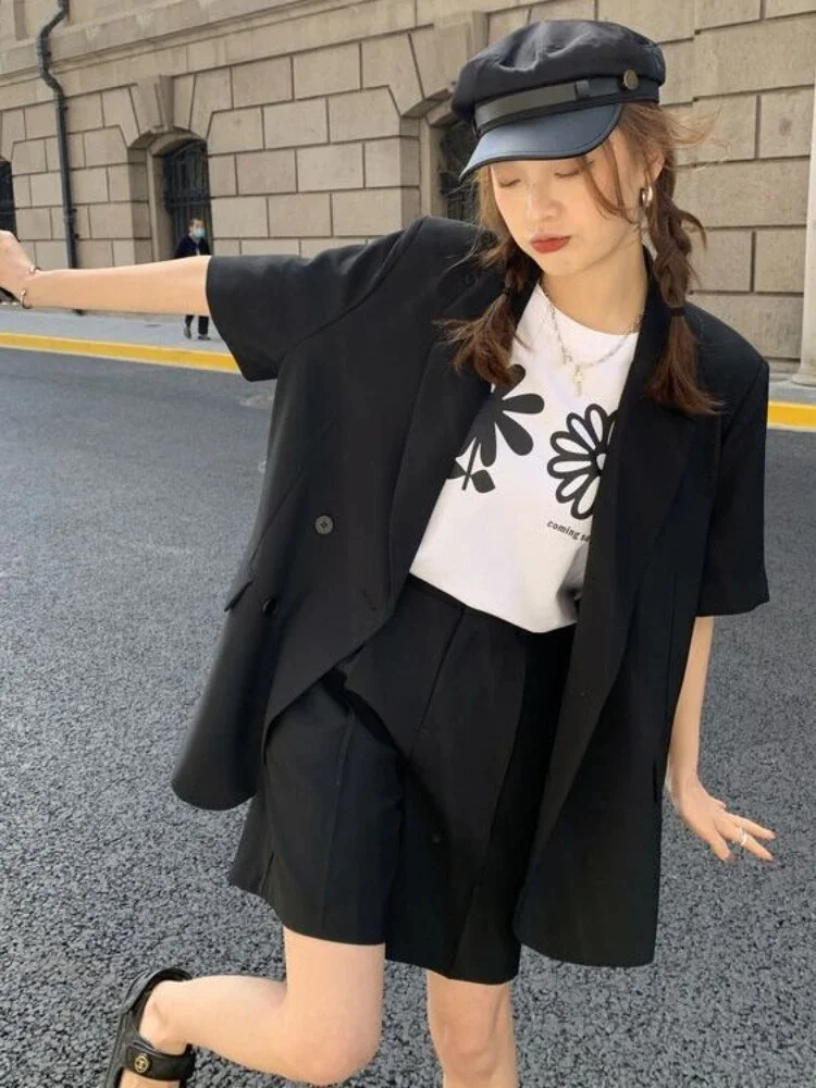Colourp Two Piece Set Outfits Spring Summer 2023 Korean Fashion Thin Black Loose Short Sleeve Suits Shorts Casual Womens Outfits