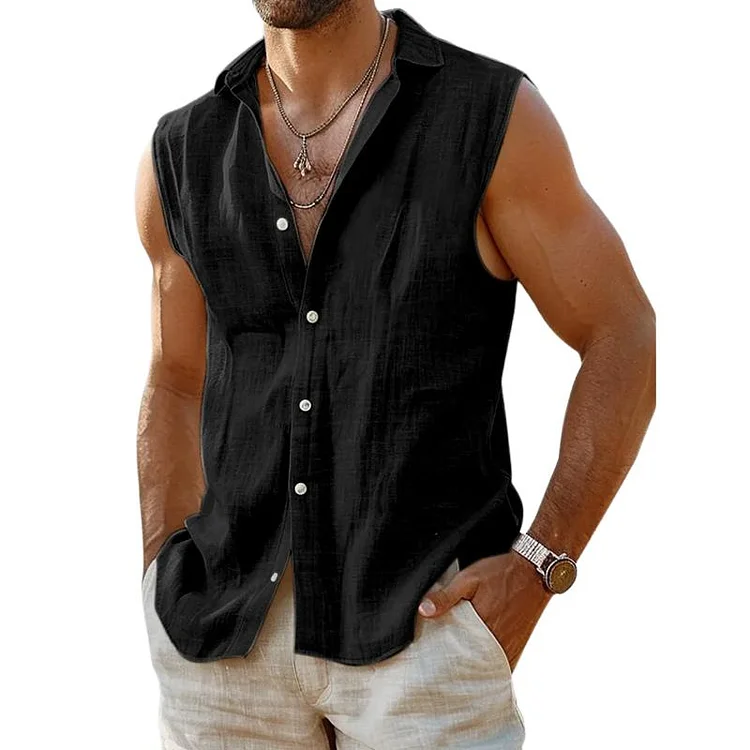 Men's Solid Color Lapel Sleeveless Shirt