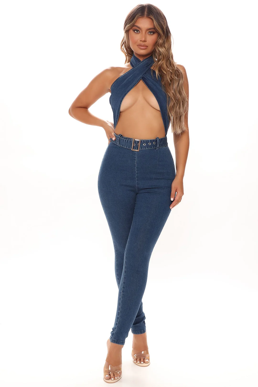 Keep It Hot Denim Jumpsuit - Dark Wash