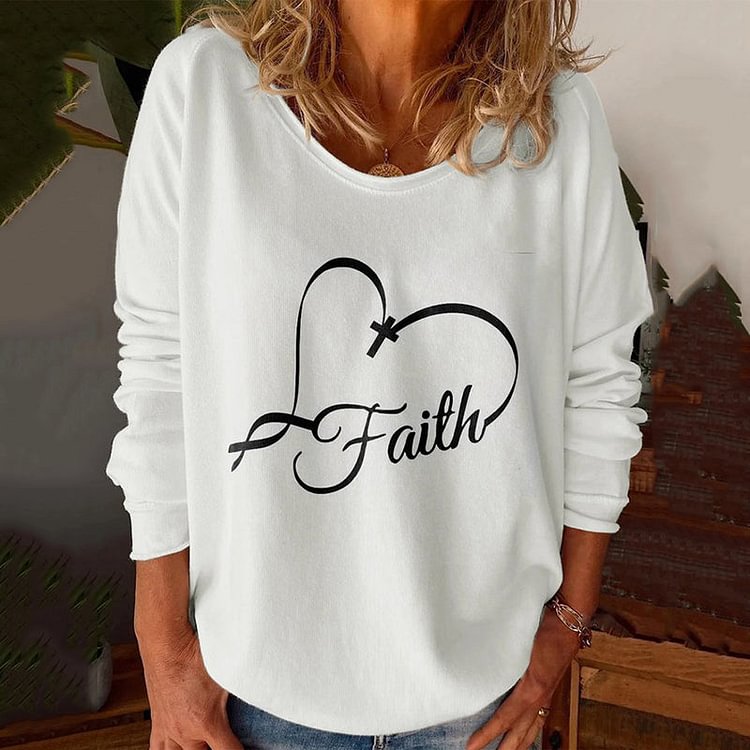 VChics Faith Heart Print Long Sleeve Sweatshirt