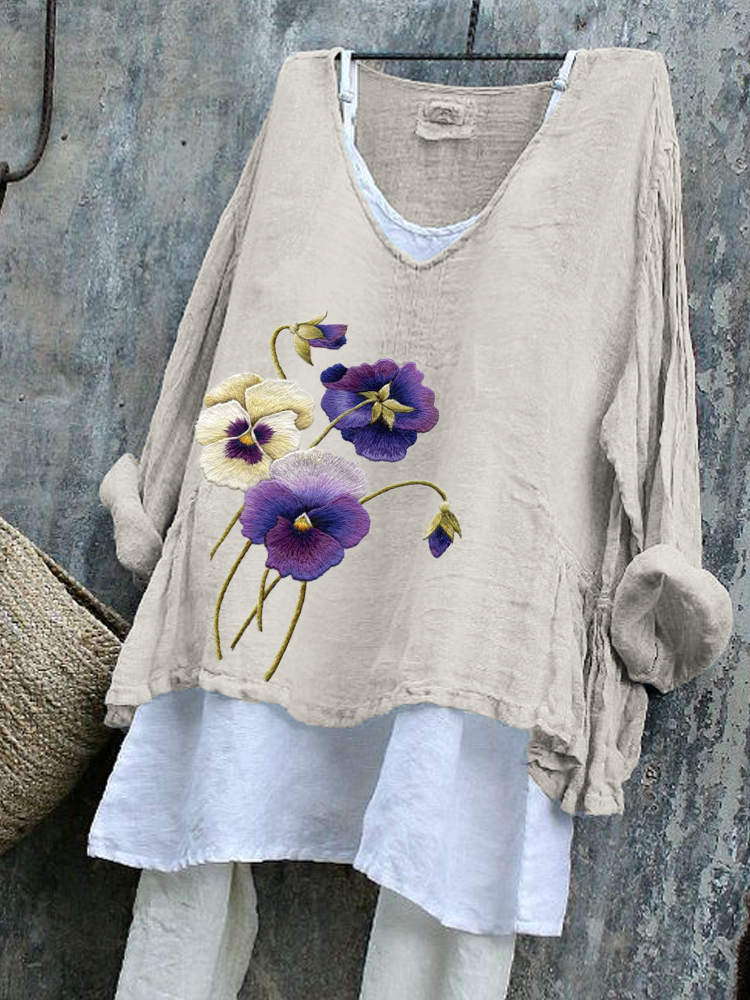 Comstylish Classy Pansy Flowers Embroidered Linen Blend Tunic
