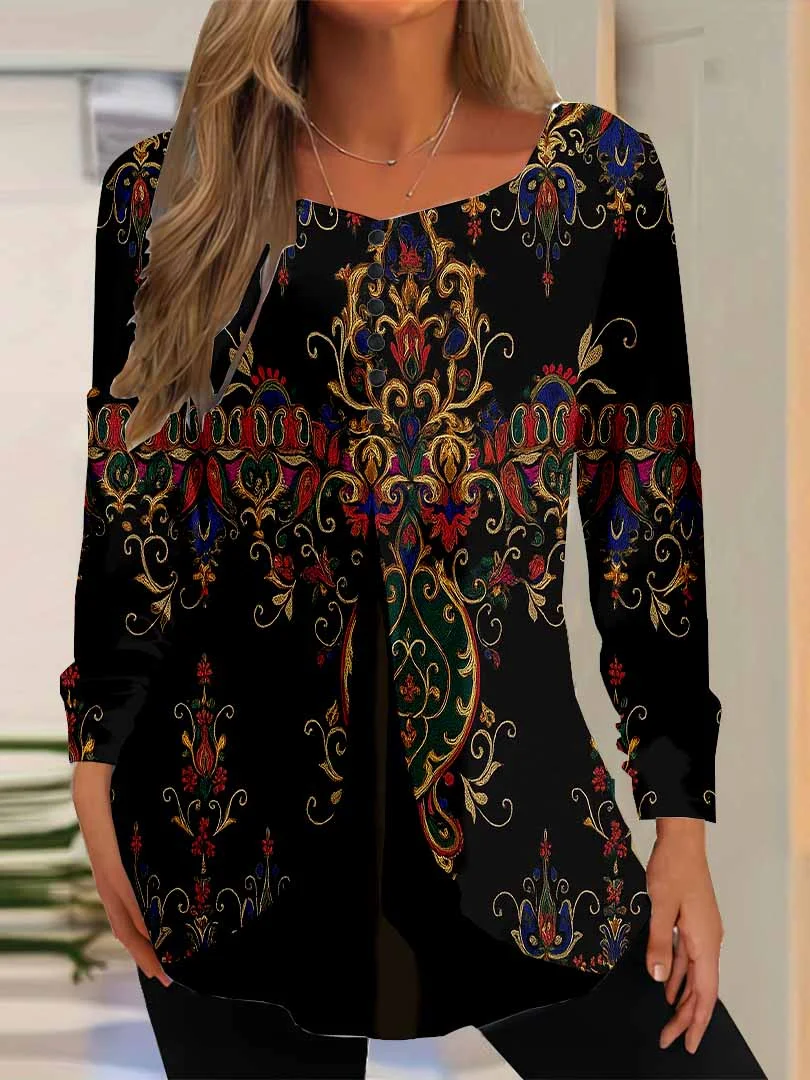 Women Graphic,Black DZGG8289 Long Sleeve Scoop Neck Printed Graphic Button Fake 2in1 Tops