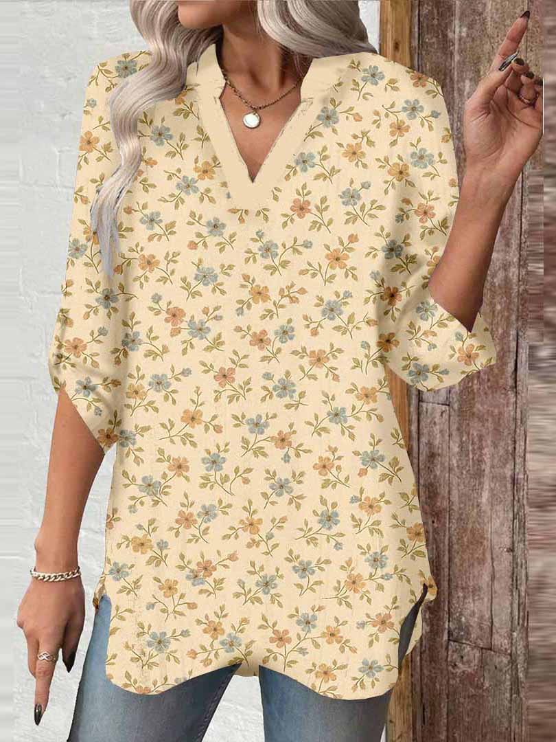 Women Floral,Beige DZGA0016 3/4 Sleeve V-neck Printed Graphic Button Tops