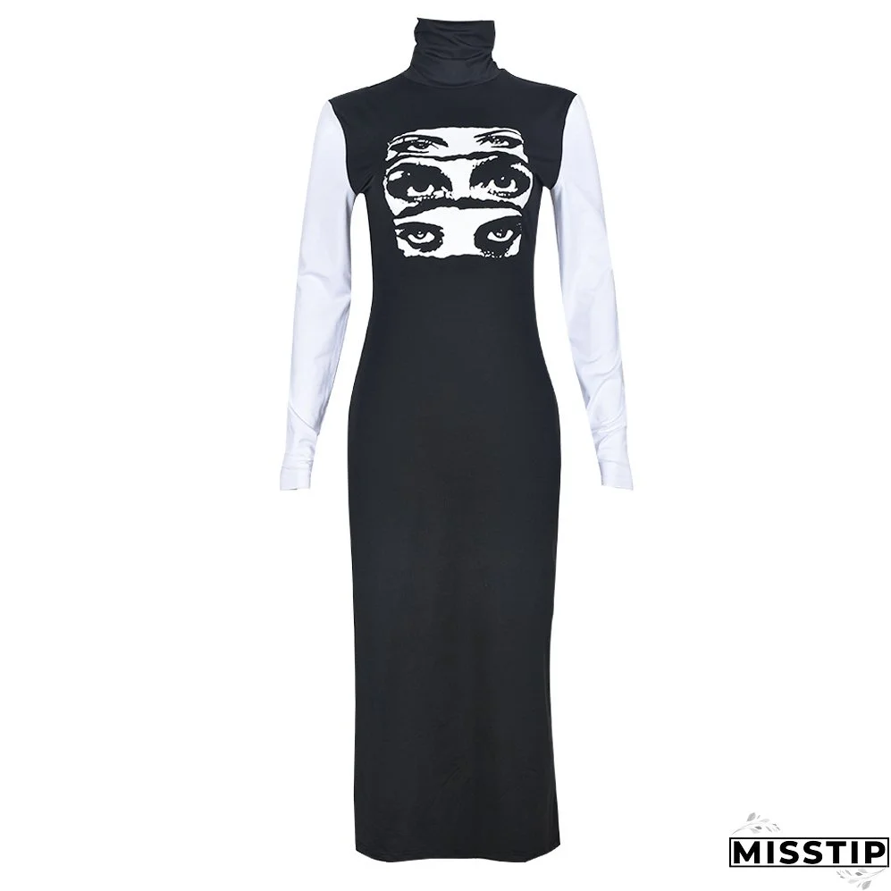 Women Sexy Long Sleeve Round Neck Print Dress