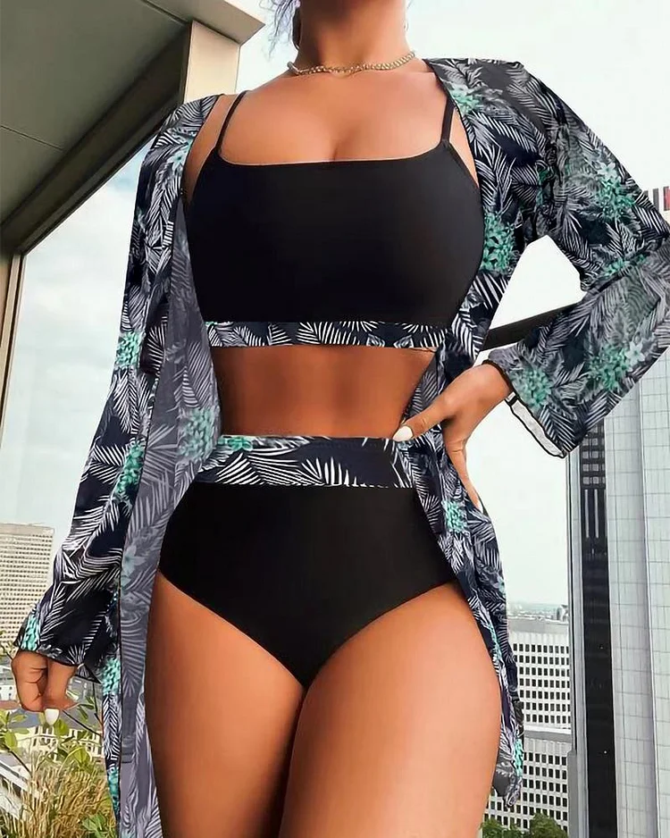 3PCS Tropical Print High Waist Bikini Set With Cover Up