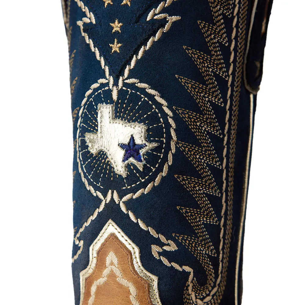 Brown & Navy Square Toe Stars Embroidered Cowgirl Mid-Calf Boots