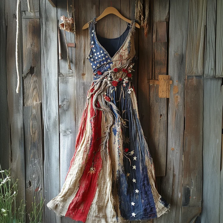 Women's Independence Day Tree Of Life Embroidered V-neck Tank Midi Dress