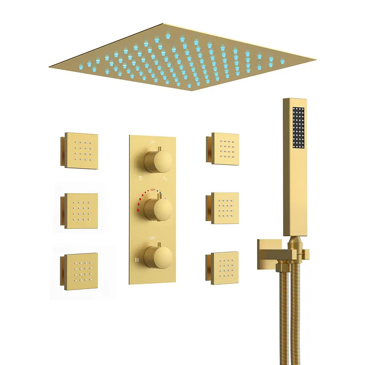 EVERSTEIN 12" Ceiling Mounted Luxury Rainfall Shower System in Brushed Gold