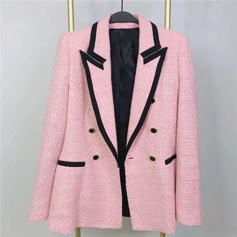 ZA 2021 Elegant Pink Textured Blazer Women Long Sleeve Contrast Piping Double Breasted Blazers Femal Fashion Cute Coat Outerwear