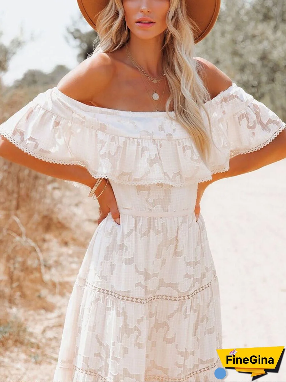 Summer Solid Embroidery Lace Long Dress Elegant Off Shoulder Ruffles High Waist Dress Sexy Slash Neck Backless Chic Beach Dress