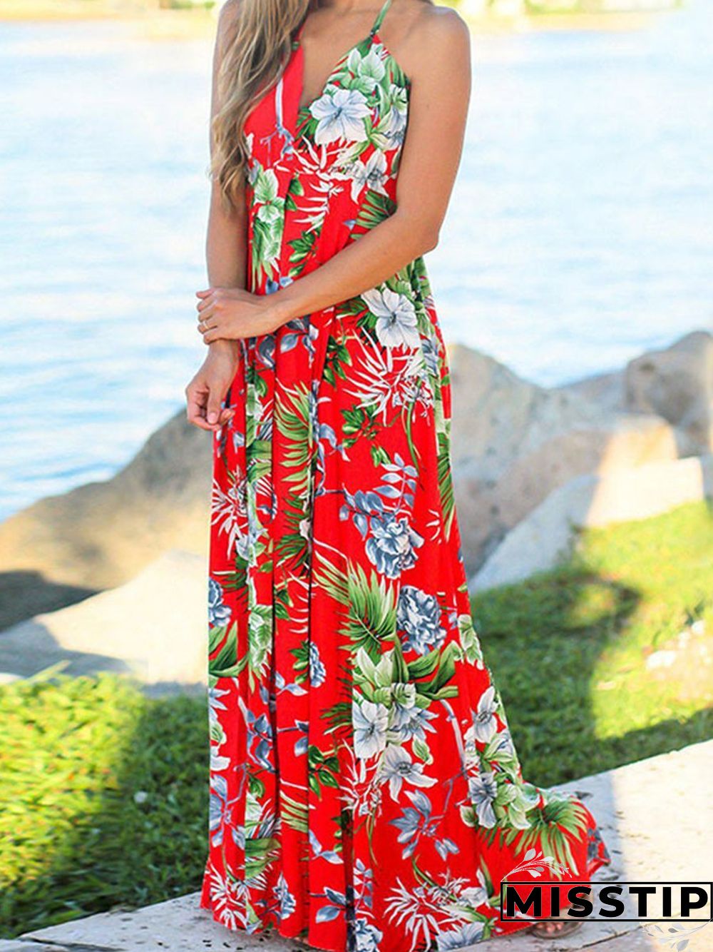 Beach Sling Leak Back Flower Print Maxi Dress P10165