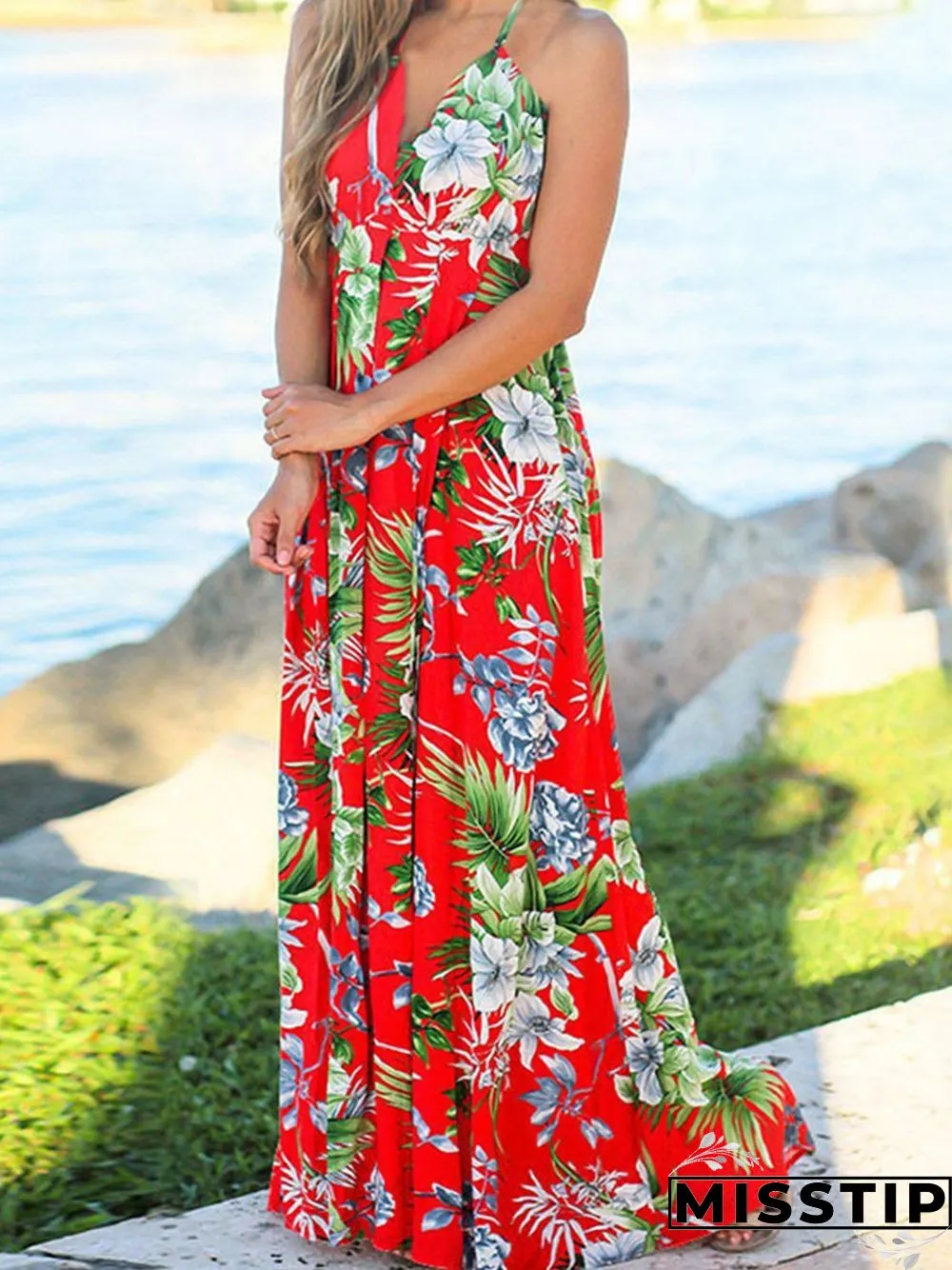 Beach Sling Leak Back Flower Print Maxi Dress P10165