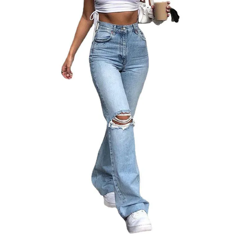 Brownm Wide Leg British Trousers Ripped Skinny Jeans