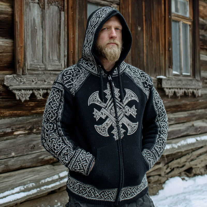 Men's Viking Axe And Celtic Knot Knit Cozy Zip-up Hooded Cardigan elevenforest