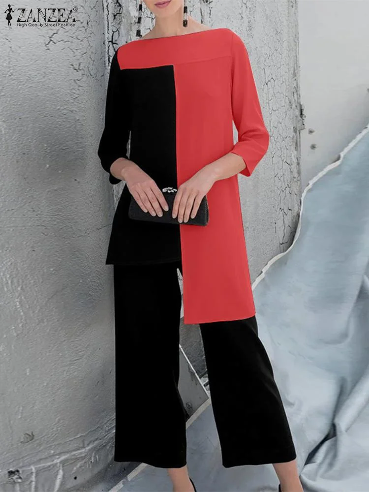 ZANZEA Two Piece Sets Womens Urban Tracksuit Elegant 3/4 Sleeve Patchwork Blouse Pant Sets Fashion Spring OL Work Suits Outifits