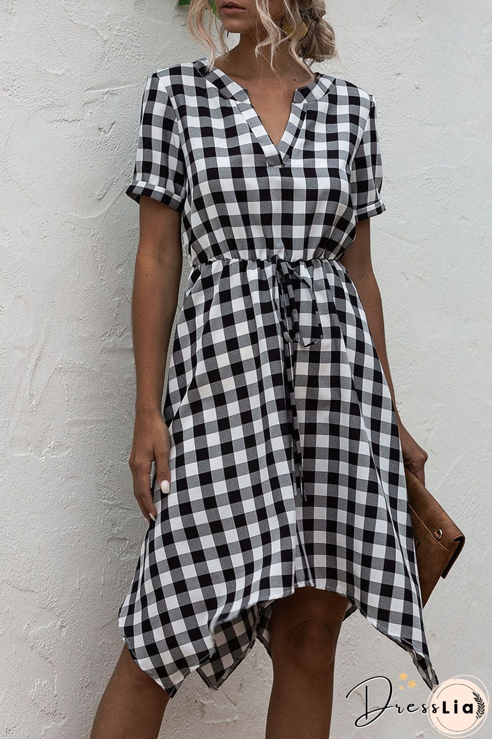 Fashion Casual Plaid Split Joint V Neck Irregular Dress Dresses