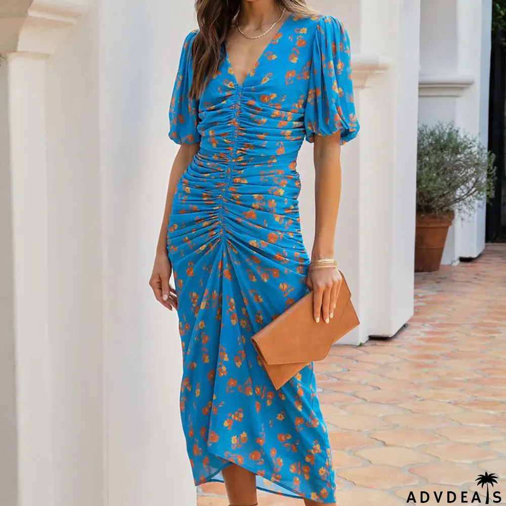 Women's Puff Sleeve Floral Deep V Pleated Fashion Wedding Guest Dress