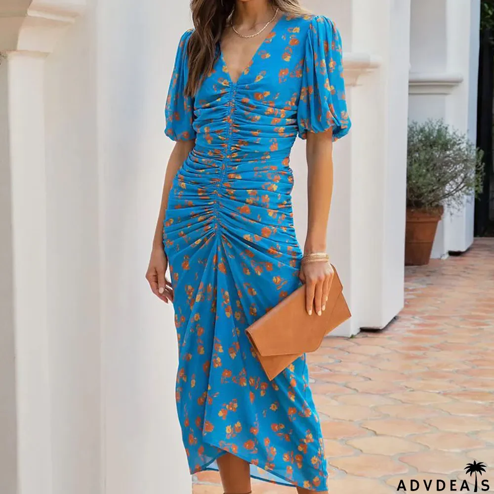 Women's Puff Sleeve Floral Deep V Pleated Fashion Wedding Guest Dress