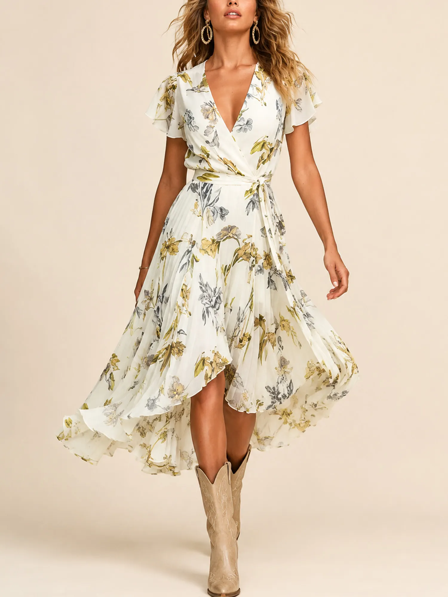 Perfect For A Coastal Cowgirl Getaway &mdash; Cream Floral Flutter Sleeve Chiffon Women'S Wrap Dress