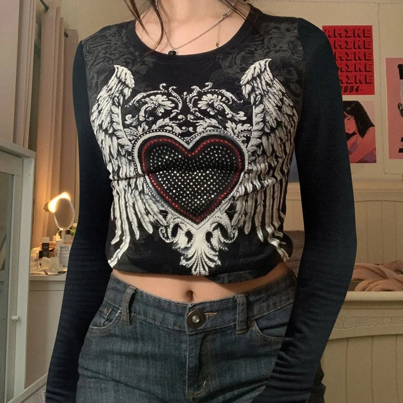 2000s Retro Gothic Grunge Tshirts Y2K Cute Heart Wings Rhinestone Fairycore Vintage Crop Tops Aesthetic Academia Tees Clothes