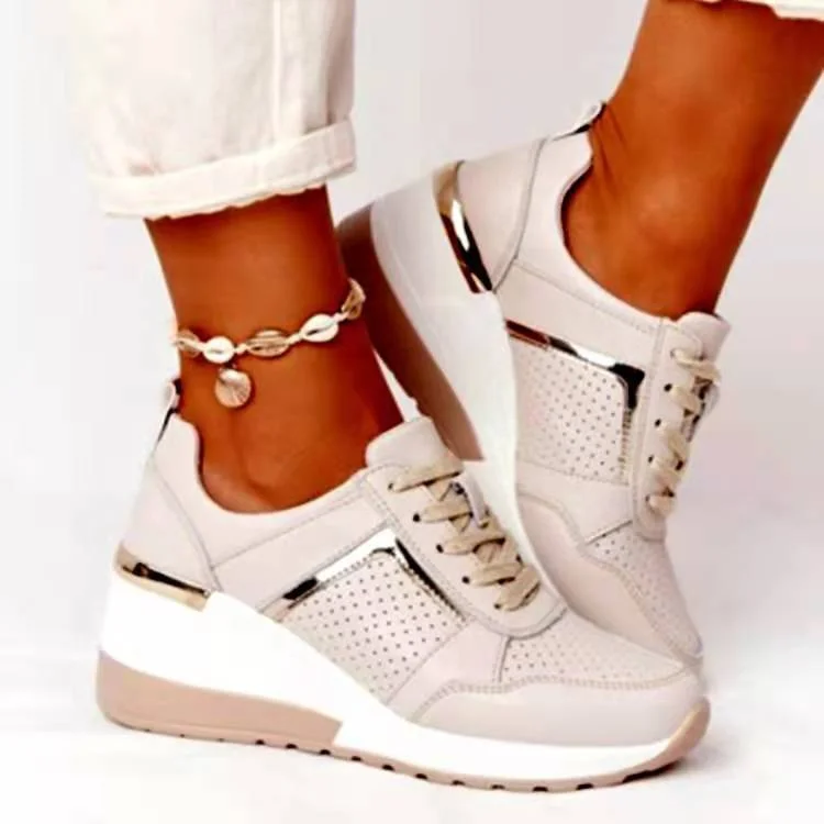 Women plus size clothing Round Toe Wedge Crossover Strap Sneakers-Nordswear