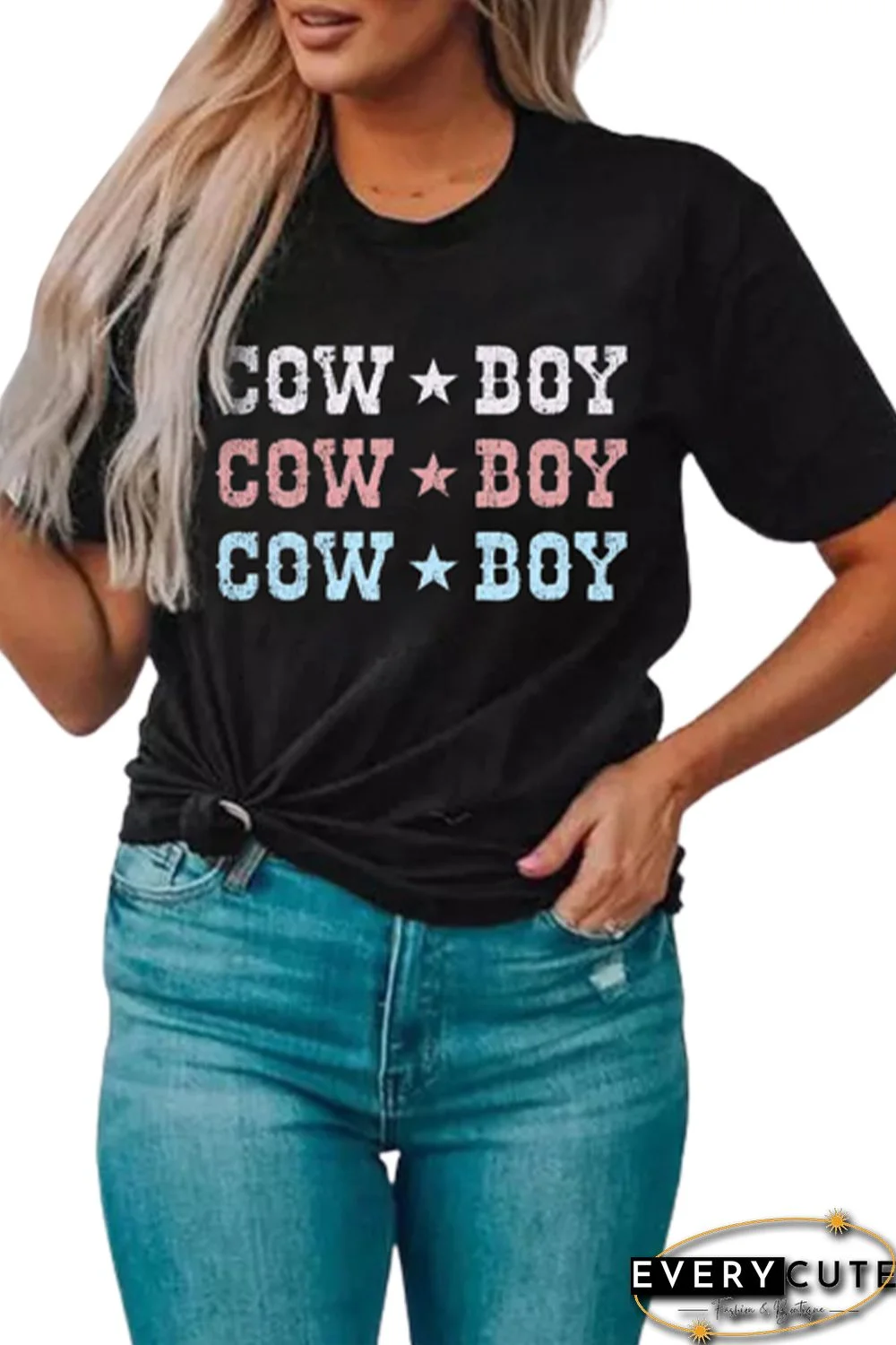 Black COWBOY Print Crew Neck T Shirt