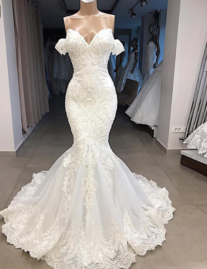 Off Shoulder Mermaid Beaded Lace Wedding Dress Luxury Lace Bridal Gowns 