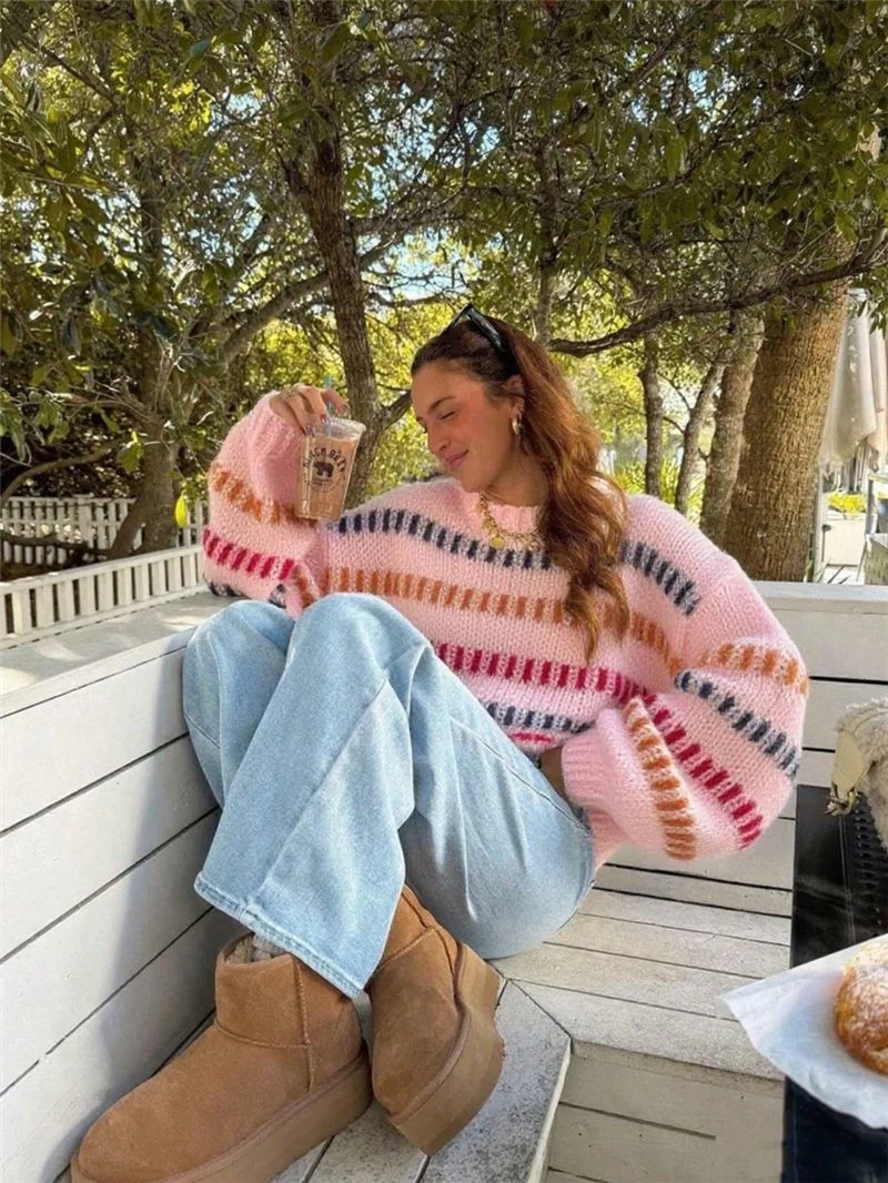 Athvotar Athvotar 2025 New Casual Fashion Retro-Colored Coarse Knitted Loose Bat Sleeve Sweater