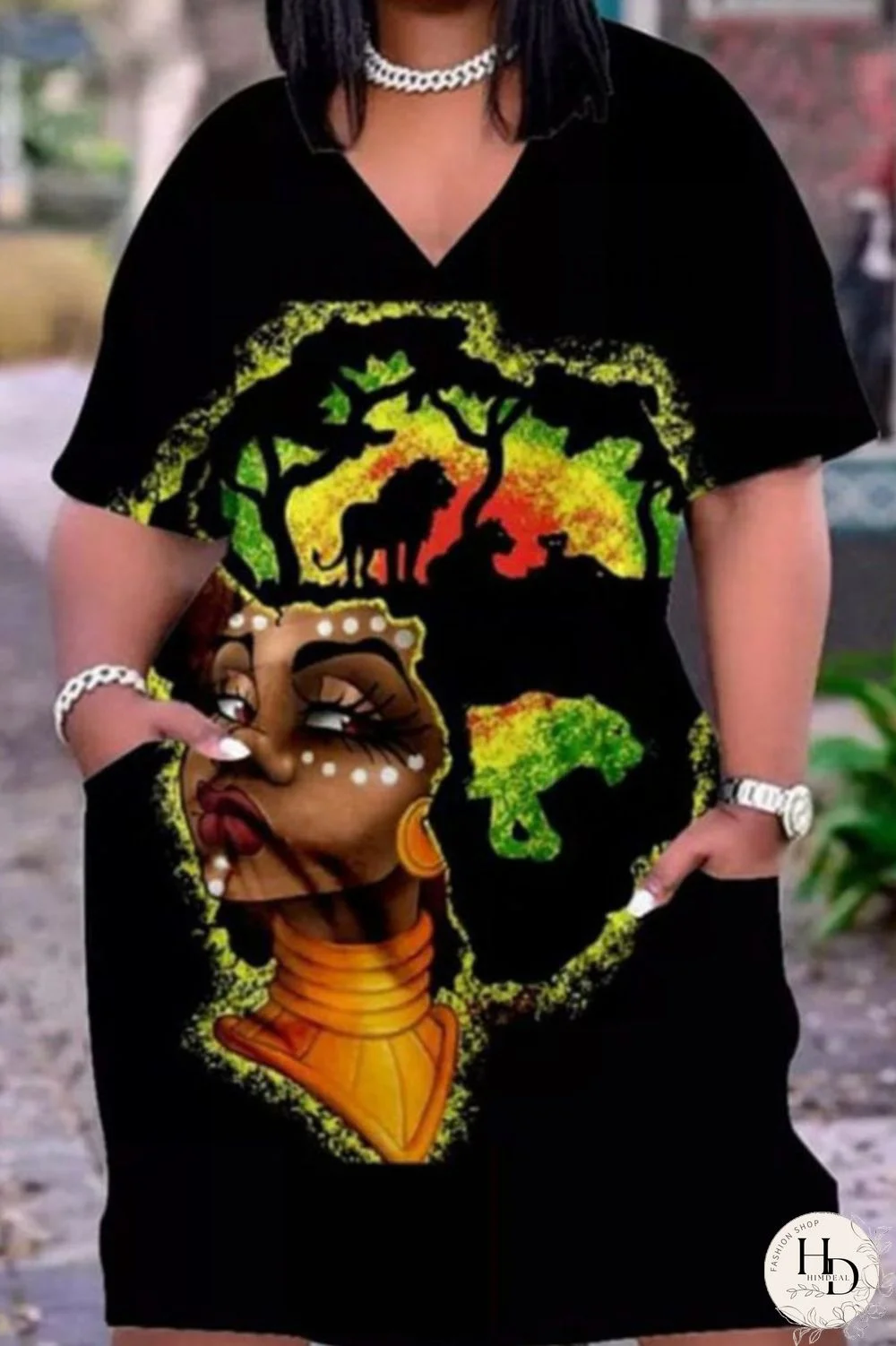 Multicolor Casual Street Print Patchwork V Neck Straight Dresses