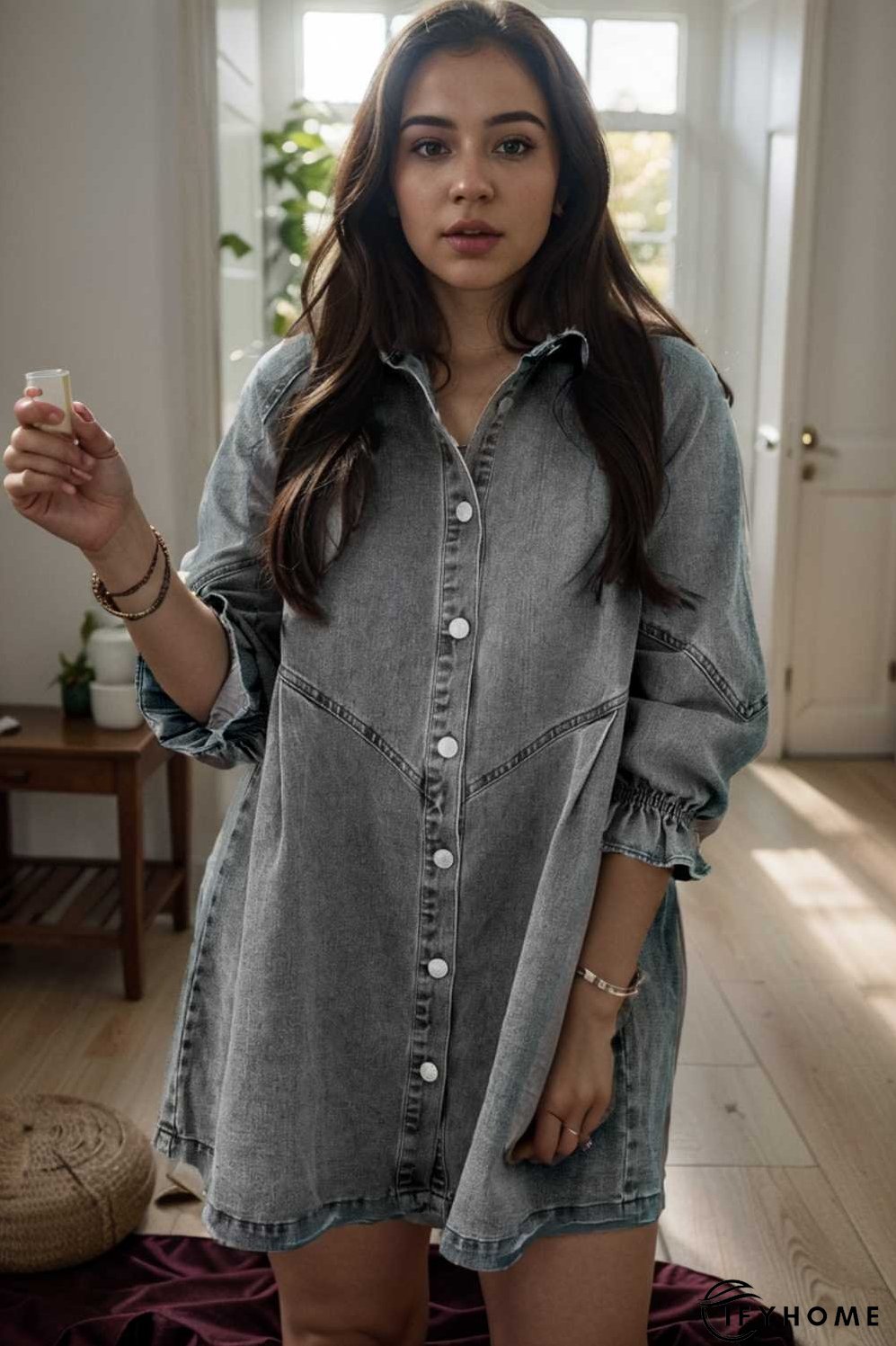 down loose short sleeve denim jean dress drop shoulder a line paneled peasant closed bateau v neck dress | IFYHOME