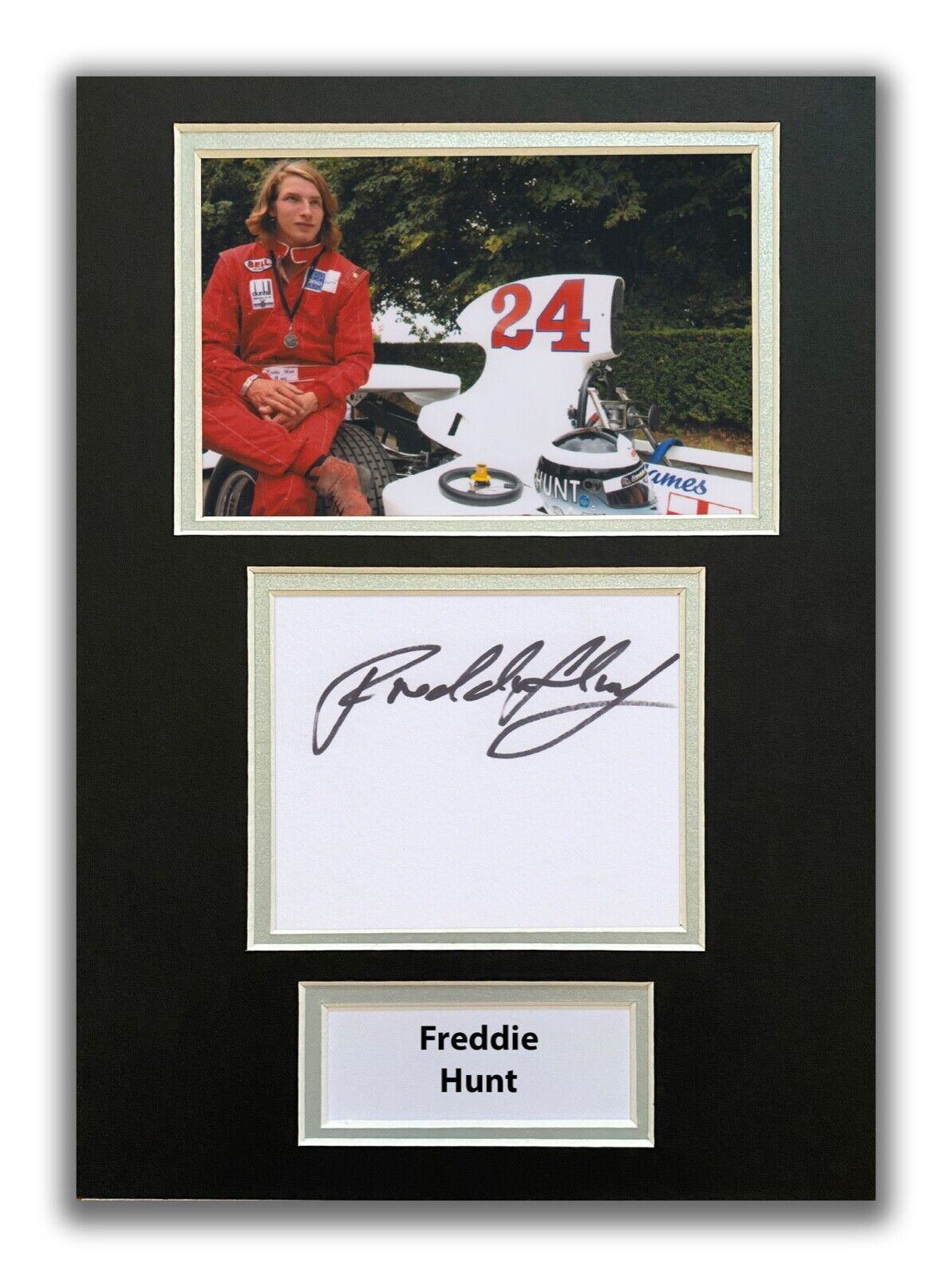 FREDDIE HUNT HAND SIGNED A4 MOUNTED Photo Poster painting DISPLAY - JAMES HUNT - F1 AUTOGRAPH.