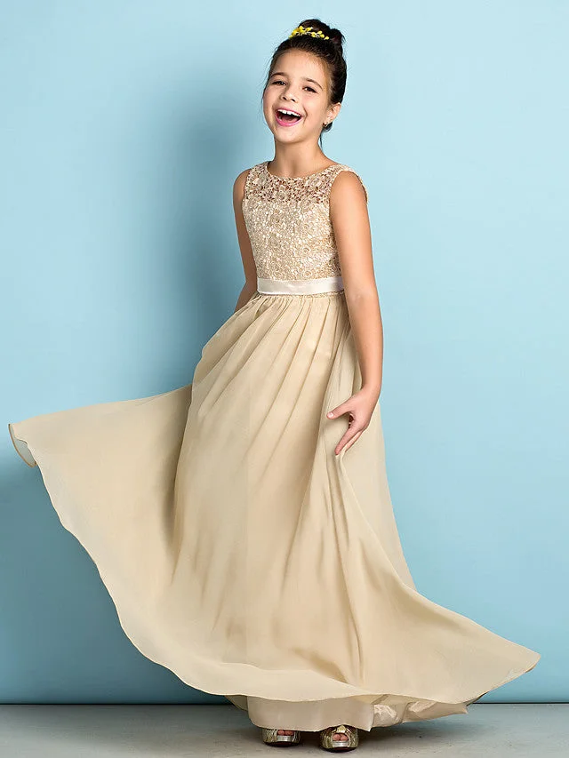 A-Line Scoop Neck Floor Length Chiffon / Lace Junior Bridesmaid Dress With Lace / Natural / Mini Me