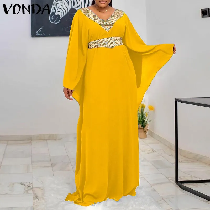 Women Solid Sleeveless Maxi Dress VONDA 2022 Summer Bow Neck Flare Sleeve Pleated Ruffled Long Party Sundress Bohemian Vestidos