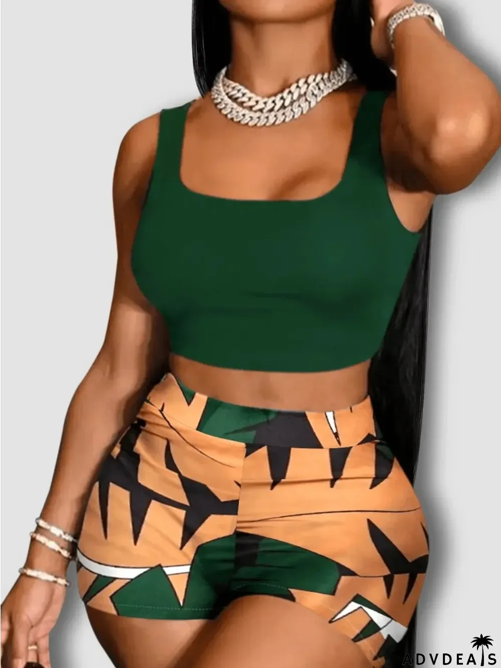 Plus Size Women Summer Tank Top + Shorts Print Two Piece Set