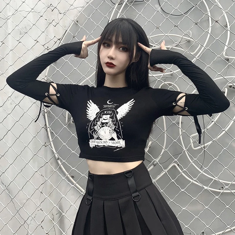 InsGoth Witch Print Black Bodycon Tops Women Gothic Harajuku Punk Patchwork Long Sleeve Slim T-shirts Fashion Autumn Female Top