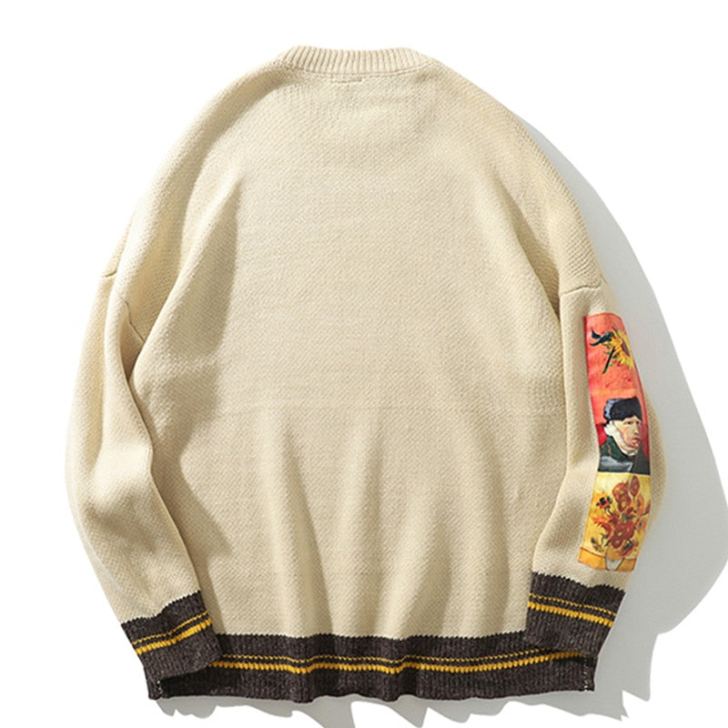 Aonga Men Sweater Pullover Pull Van Gogh Painting Embroidery Knitted Sweater Vintage Harajuku Fashion Brand Y2K Pullovers aonga