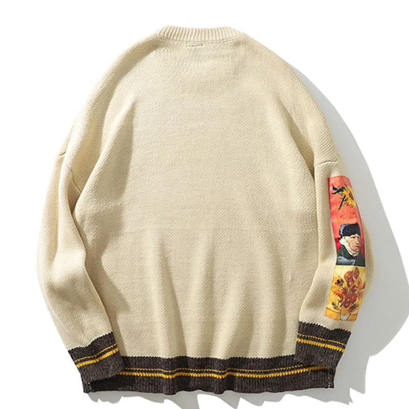 Aonga Men Sweater Pullover Pull Van Gogh Painting Embroidery Knitted Sweater Vintage Harajuku Fashion Brand Y2K Pullovers aonga
