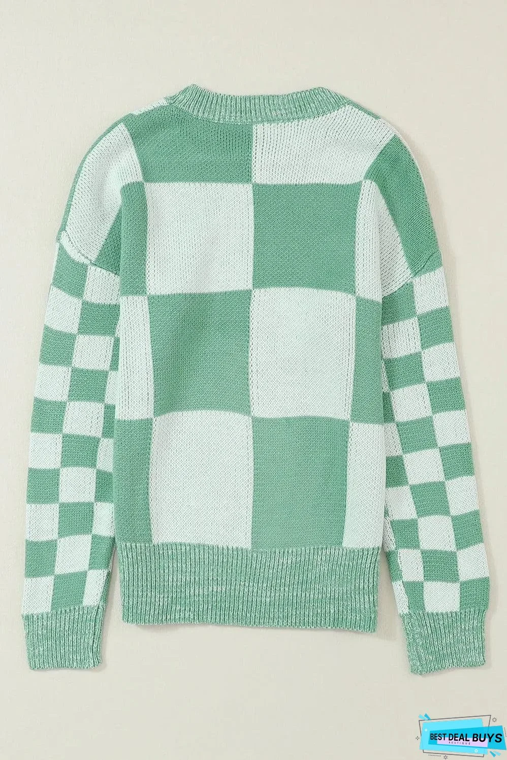 Mint Green Checkered Print Drop Shoulder Sweater