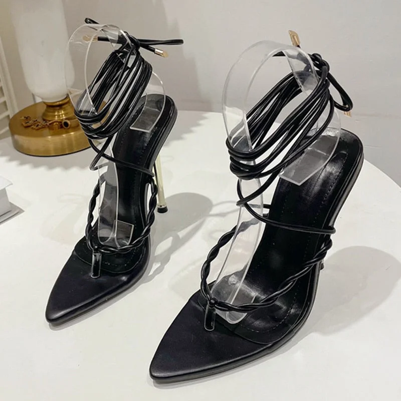 Summer 2022 Womens Fashion Strappy Heels Gladiator Sandals Sexy Pointed Toe Narrow Band Stiletto Lace-Up Party Wedding Shoes Red