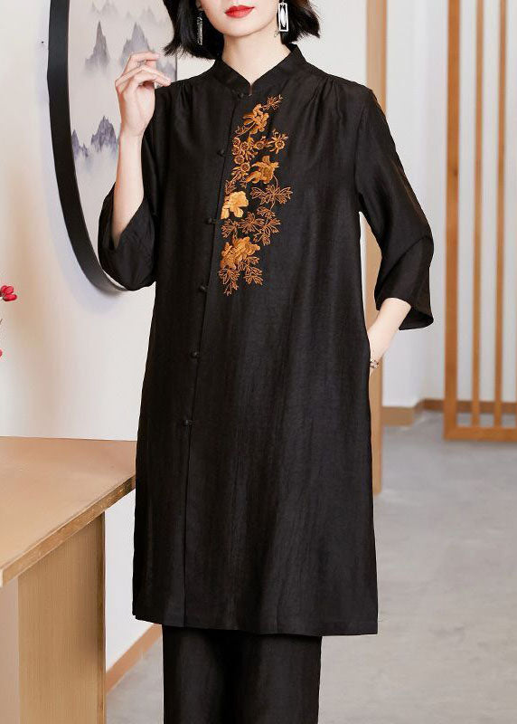 VCSHOES Black Stand CollarEmbroideried Silk Long Tops Bracelet Sleeve
