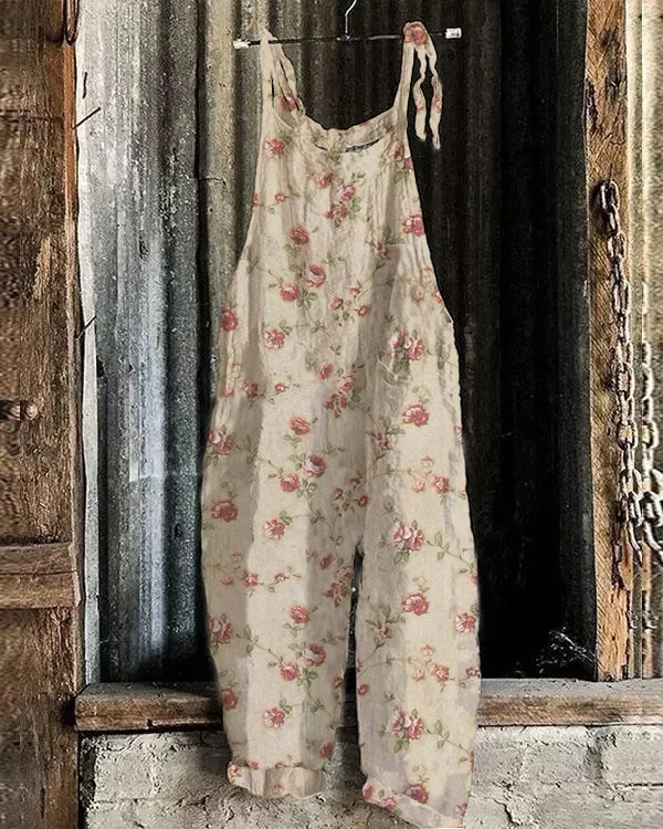 Vintage Floral Print Casual Loose Jumpsuit