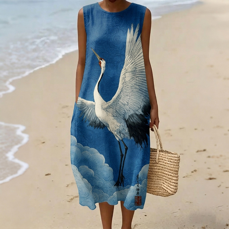Women's Retro Japanese Crane Print Linen Blend Slip Dress wearshes