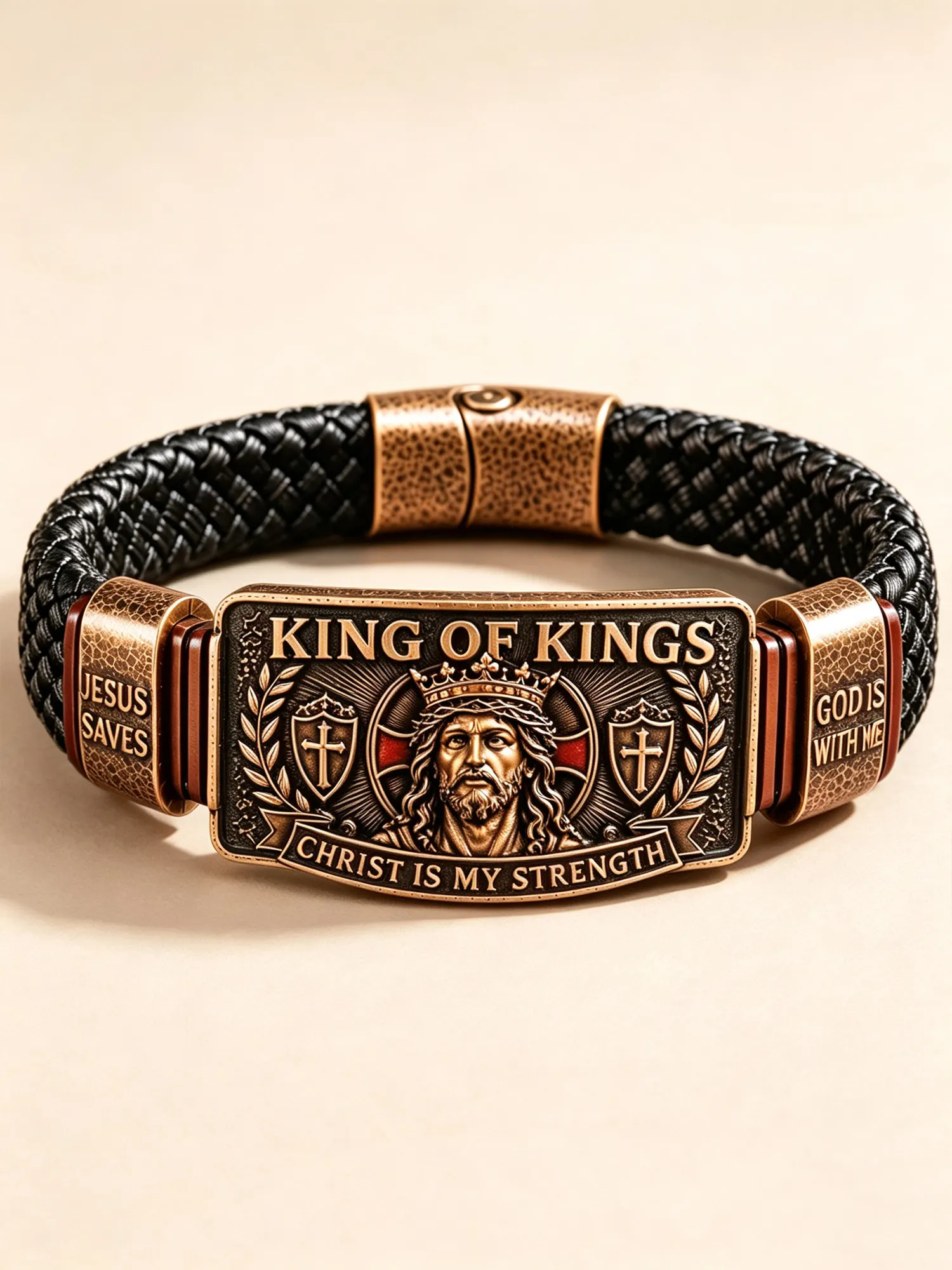Western Style &mdash; Men's Obsidian Black Cross Shield and Crown Totem Rugged Alloy Bracelet