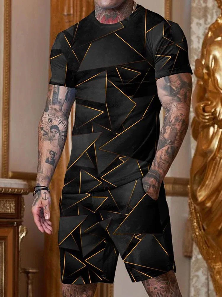 Men's casual black geometric print round collar suit.jpg
