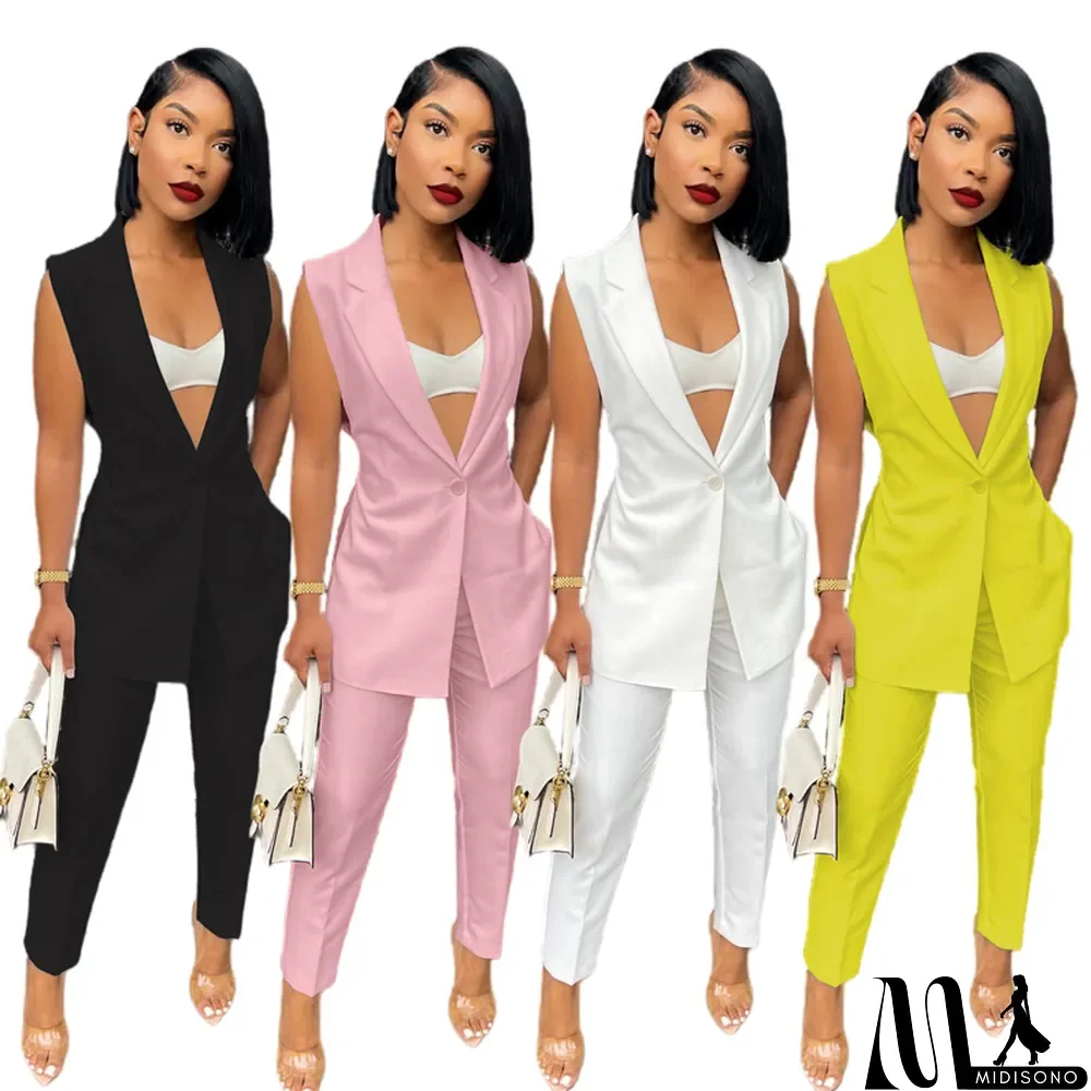 MidiSono - Solid Sleeveless Split Blazer Two Piece Sets