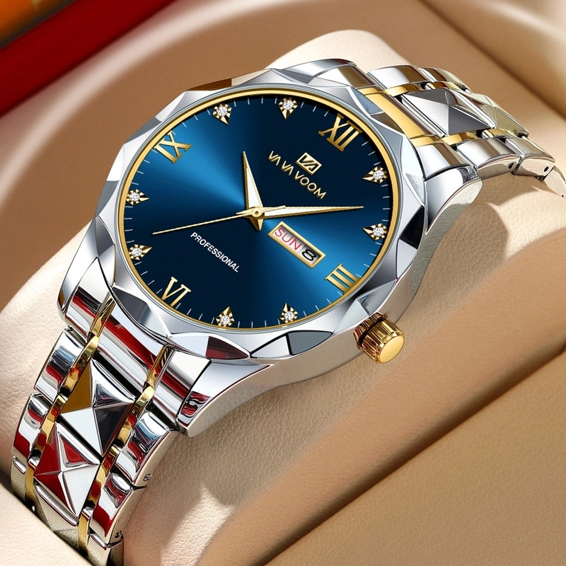 Diamond Stainless Steel Watch With Men's Business Simple Calendar Quartz Waterproof Watch One-piece Delivery