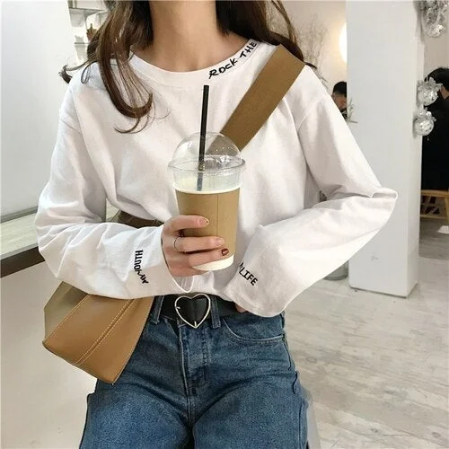 T-shirts Women O-Neck Letter embroidery Loose Simple All-match t shirt Korean Leisure Long Sleeve Tees female Ulzzang white tops